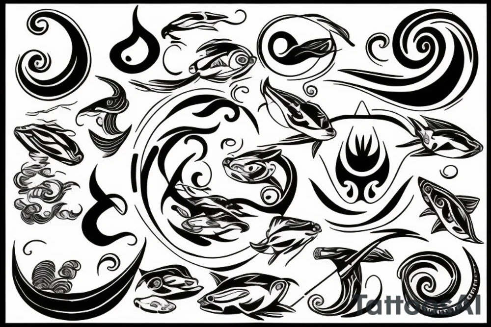 Trident with waves and a Pisces sign tattoo idea