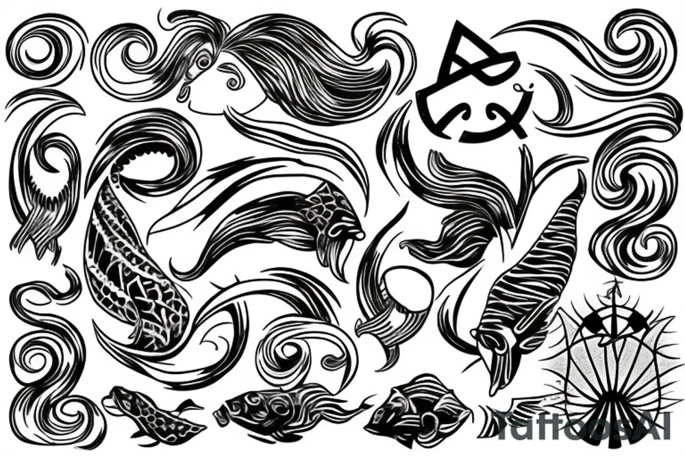 Trident with waves and a Pisces sign tattoo idea