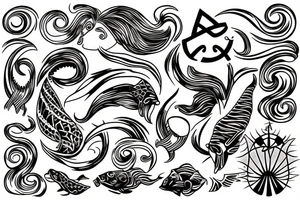 Trident with waves and a Pisces sign tattoo idea