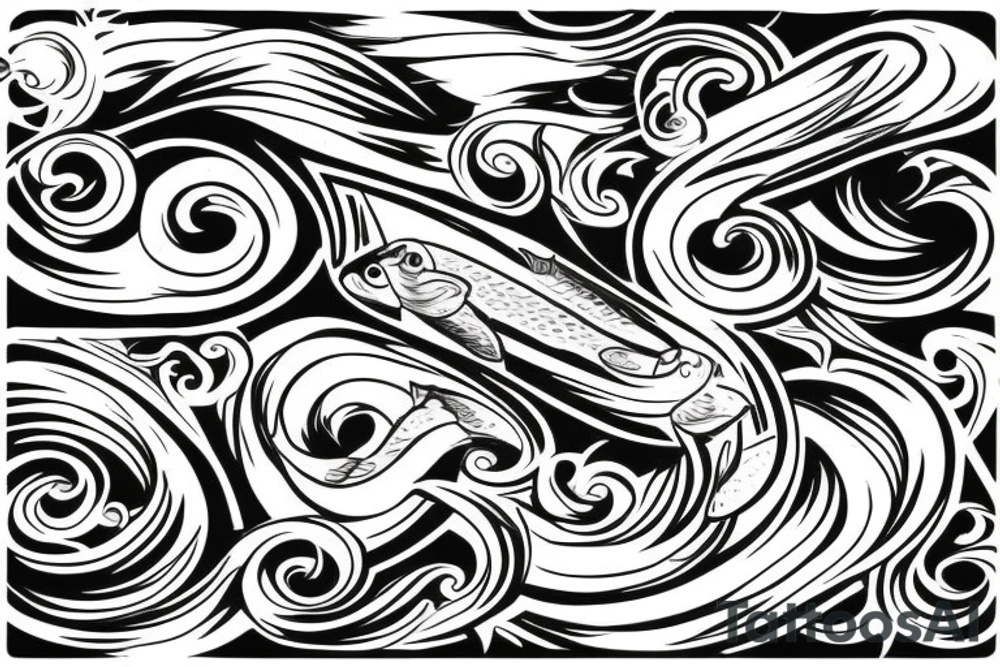 Trident with waves around it and a Pisces sign tattoo idea