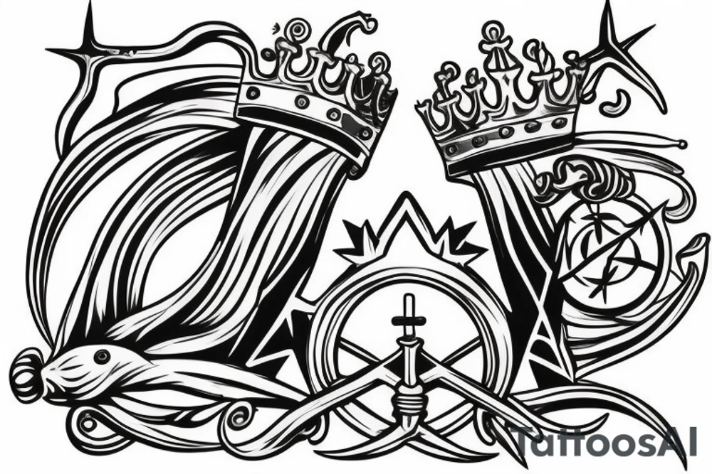 Trident splitting the sea with a 3 point crown above it tattoo idea