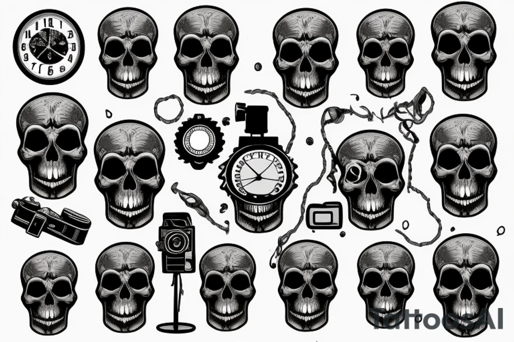 A skull, a clock, a camera tattoo idea