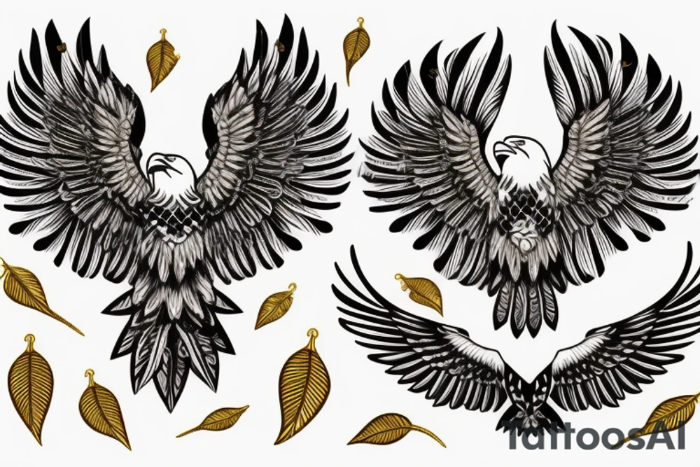 Neotraditional eagle head with gold leaves around it tattoo idea