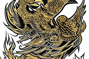 Neotraditional eagle head with gold leaves around it tattoo idea