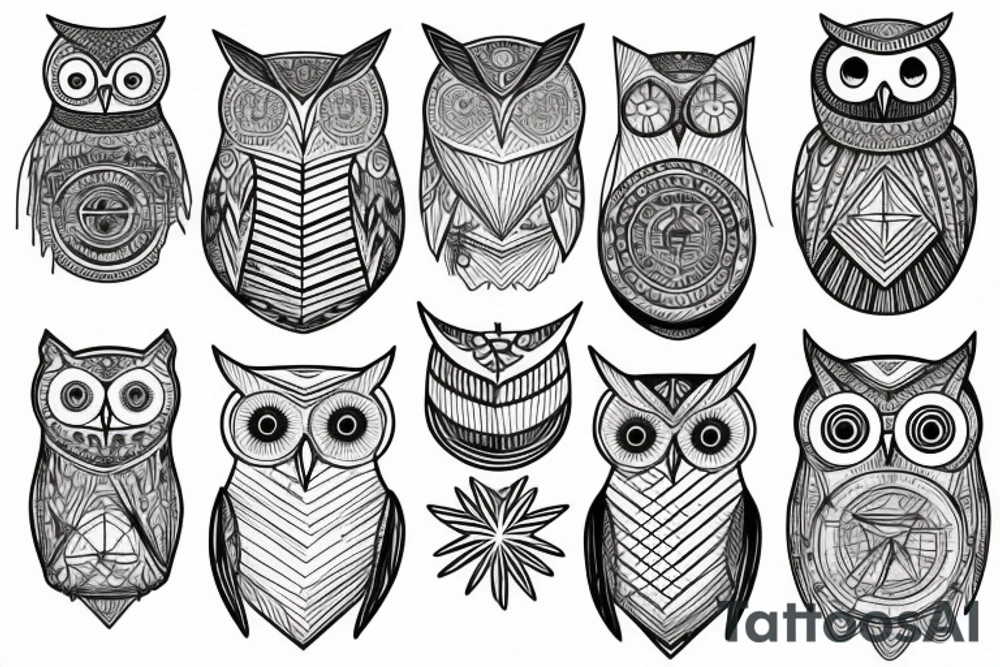 Geometric owl, compass, redwood trees tattoo idea