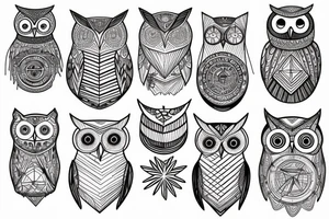Geometric owl, compass, redwood trees tattoo idea