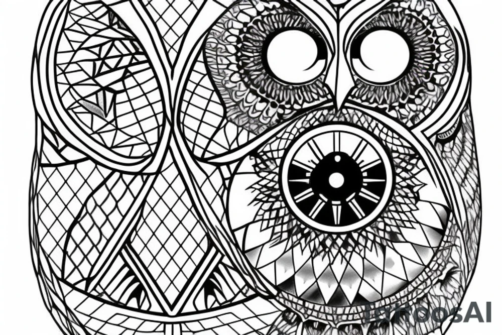 Geometric owl, compass, redwood trees tattoo idea