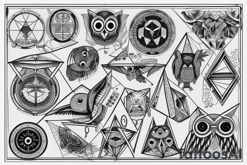 Geometric owl, compass, redwood trees tattoo idea