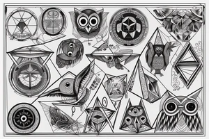 Geometric owl, compass, redwood trees tattoo idea