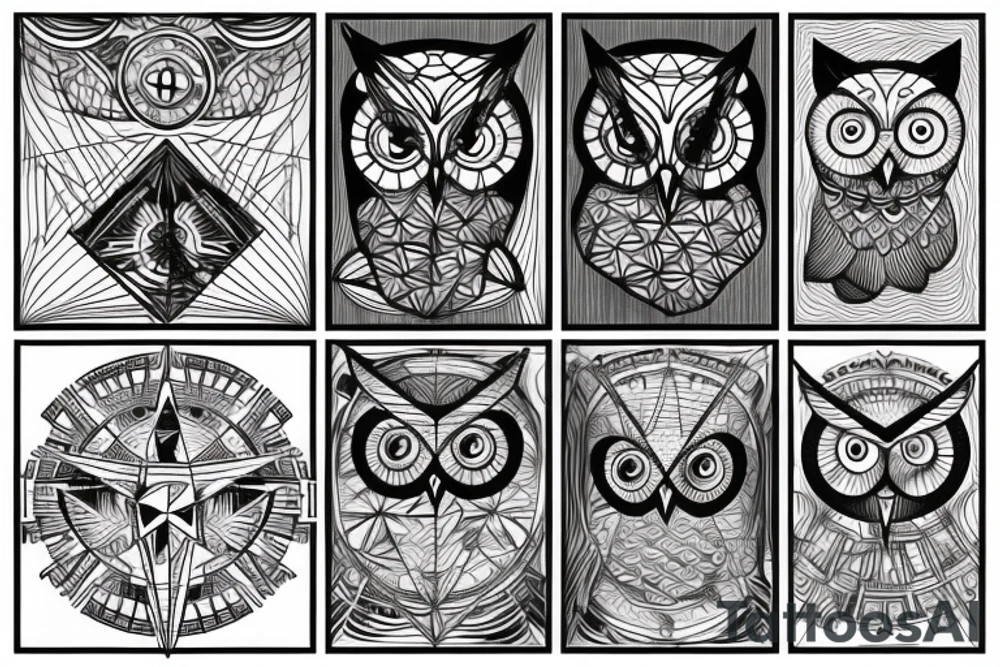 Geometric owl, compass, redwood trees tattoo idea