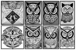 Geometric owl, compass, redwood trees tattoo idea