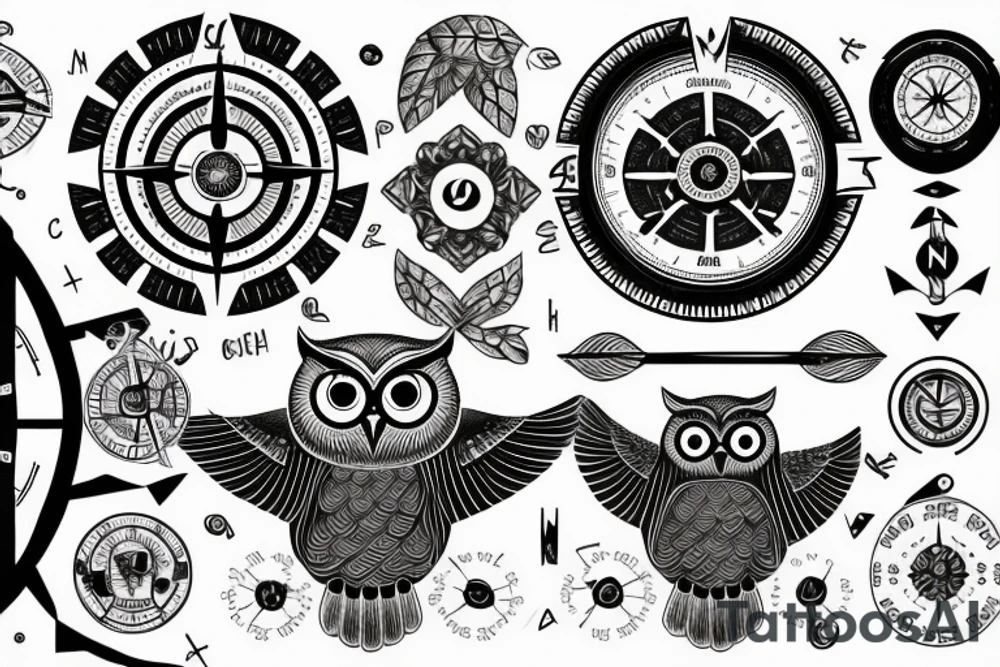 owl, compass, redwood trees tattoo idea