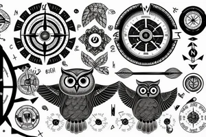 owl, compass, redwood trees tattoo idea