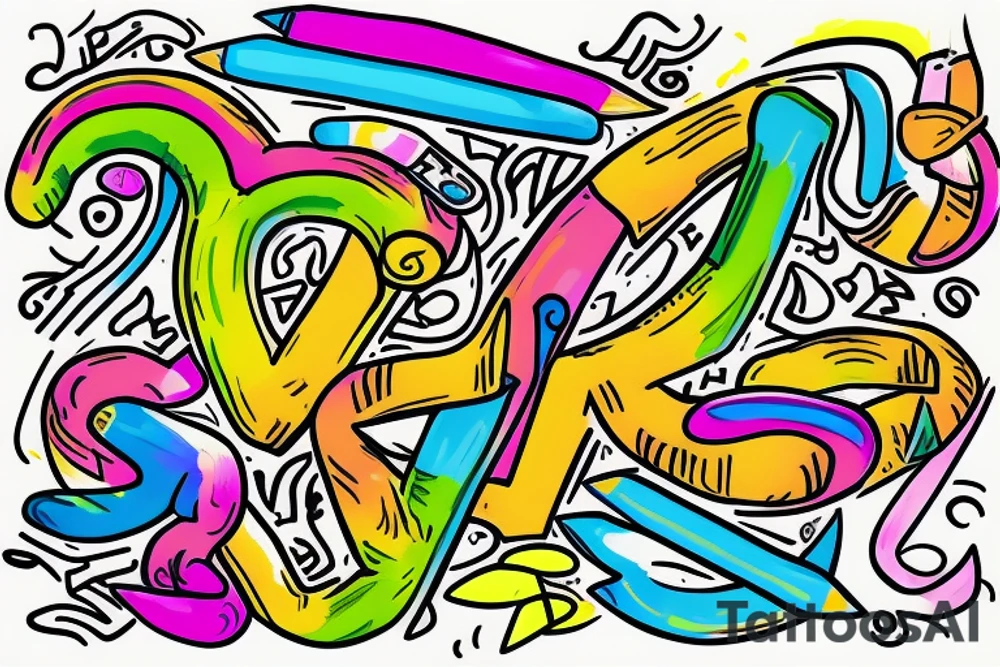 The letter R and L separated. Writing looks like colourful crayons tattoo idea