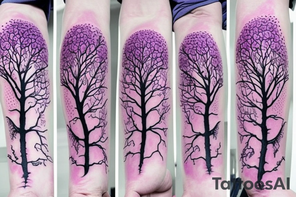 Purple tree supporting the world with a large root system tattoo idea