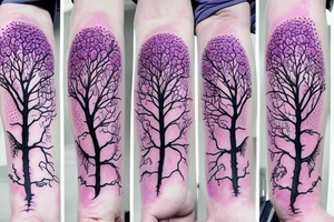 Purple tree supporting the world with a large root system tattoo idea