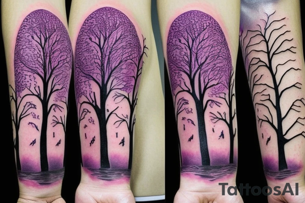Purple tree supporting the world with a large root system tattoo idea
