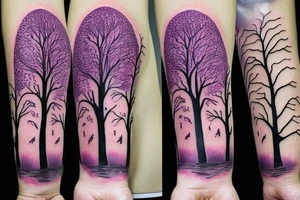 Purple tree supporting the world with a large root system tattoo idea