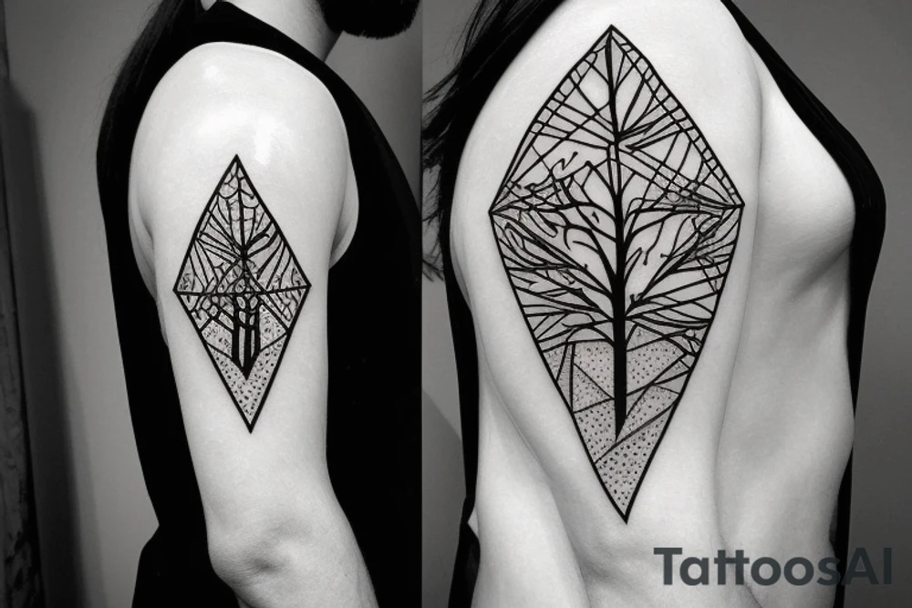 A portrait of the wilderness within a diamond shaped outline with Persian writing underneath and an olive branch coming out of the side tattoo idea