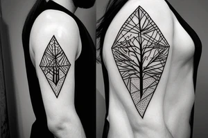 A portrait of the wilderness within a diamond shaped outline with Persian writing underneath and an olive branch coming out of the side tattoo idea