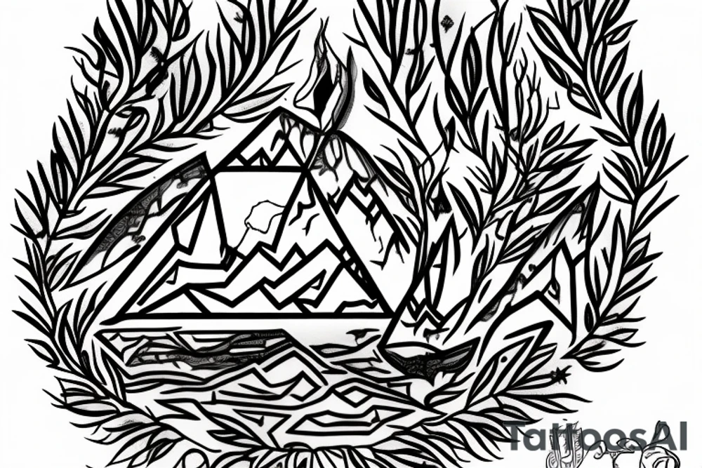 A portrait of the wilderness within a diamond shaped outline with Persian writing underneath and an olive branch coming out of the side tattoo idea