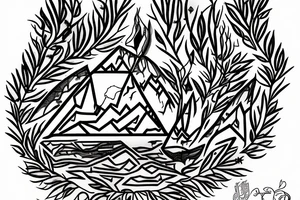 A portrait of the wilderness within a diamond shaped outline with Persian writing underneath and an olive branch coming out of the side tattoo idea