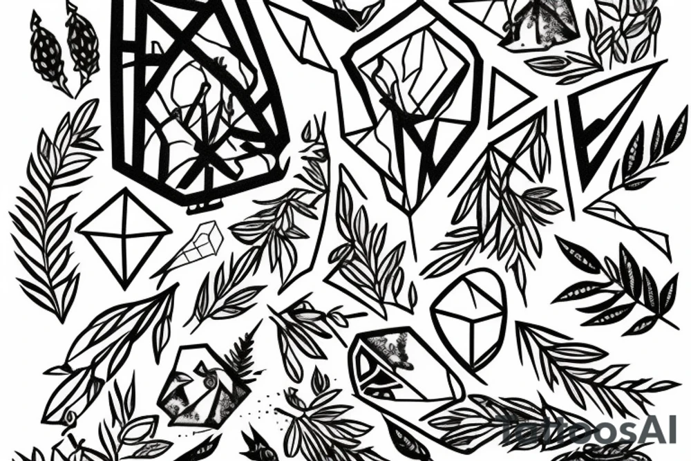 A portrait of the wilderness within a diamond shaped outline with Persian writing underneath and an olive branch coming out of the side tattoo idea