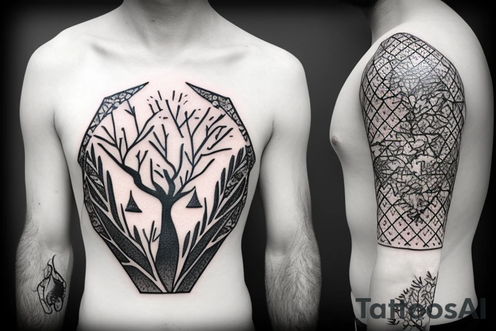 A portrait of the wilderness within a diamond shaped outline with Persian writing underneath and an olive branch coming out of the side tattoo idea