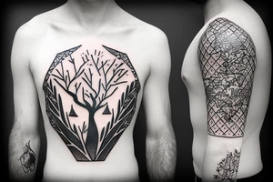 A portrait of the wilderness within a diamond shaped outline with Persian writing underneath and an olive branch coming out of the side tattoo idea