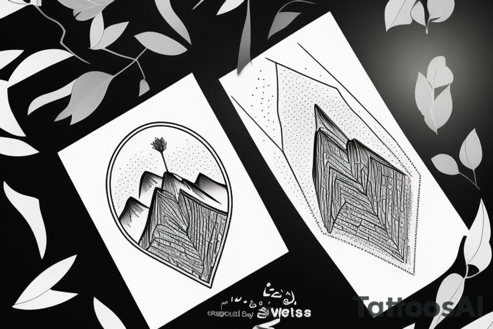A portrait of mountains within a diamond shaped outline with Persian writing underneath and an olive branch coming out of the side tattoo idea
