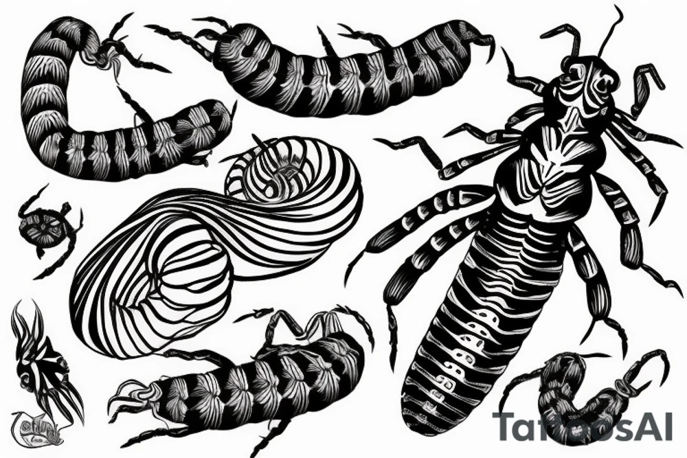 scolopendra hovering in the air on a flying island tattoo idea