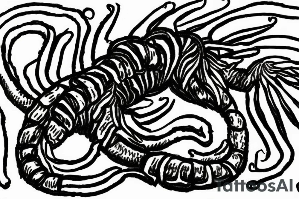 centipede, with claws, the centipede has wings, it sits on a stone island that flies in the air tattoo idea