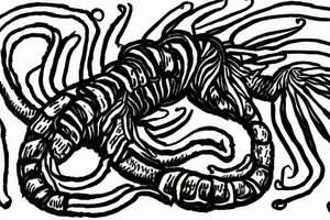 centipede, with claws, the centipede has wings, it sits on a stone island that flies in the air tattoo idea