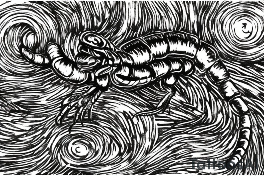 centipede, with claws, the centipede has wings, it sits on a stone island that flies in the air tattoo idea