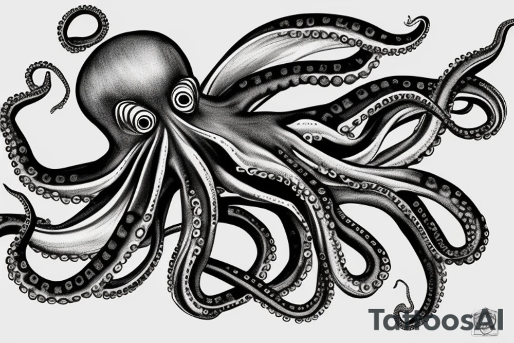 Octopus, with claws, the octopus has wings, it sits on a stone island that flies in the air tattoo idea