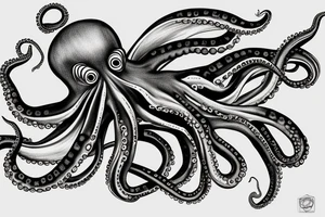 Octopus, with claws, the octopus has wings, it sits on a stone island that flies in the air tattoo idea