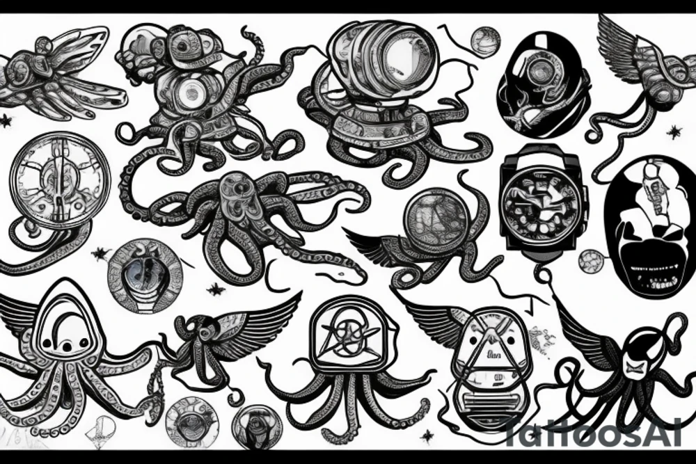 an octopus in a spacesuit and with wings on a stone island that soars in the sky tattoo idea