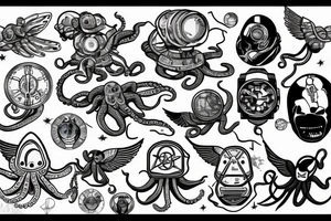 an octopus in a spacesuit and with wings on a stone island that soars in the sky tattoo idea
