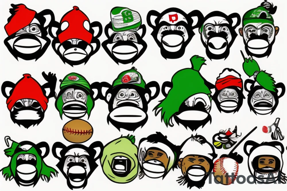 Thug monkey with green bandana mask on the mouth and a baseball cap upside down tattoo idea
