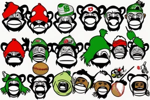 Thug monkey with green bandana mask on the mouth and a baseball cap upside down tattoo idea