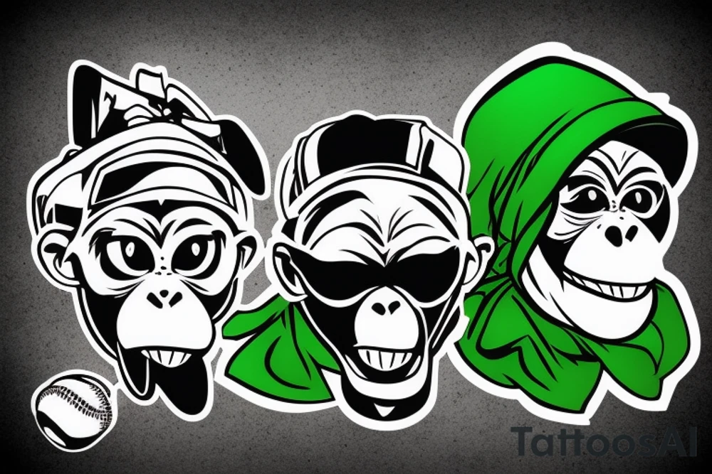 Thug monkey with green bandana mask on the mouth and a baseball cap upside down tattoo idea