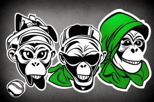 Thug monkey with green bandana mask on the mouth and a baseball cap upside down tattoo idea
