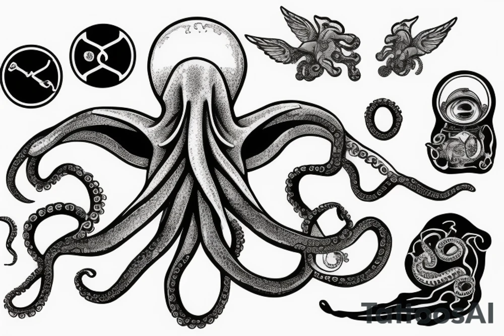 an octopus in a spacesuit and with wings on a stone island that soars in the sky tattoo idea