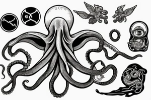 an octopus in a spacesuit and with wings on a stone island that soars in the sky tattoo idea