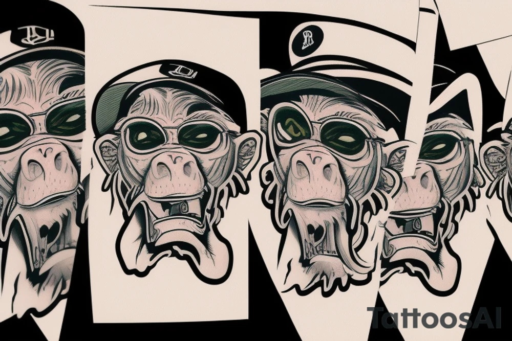 Gangster monkey with green bandana mask on the mouth and a baseball cap upside down tattoo idea