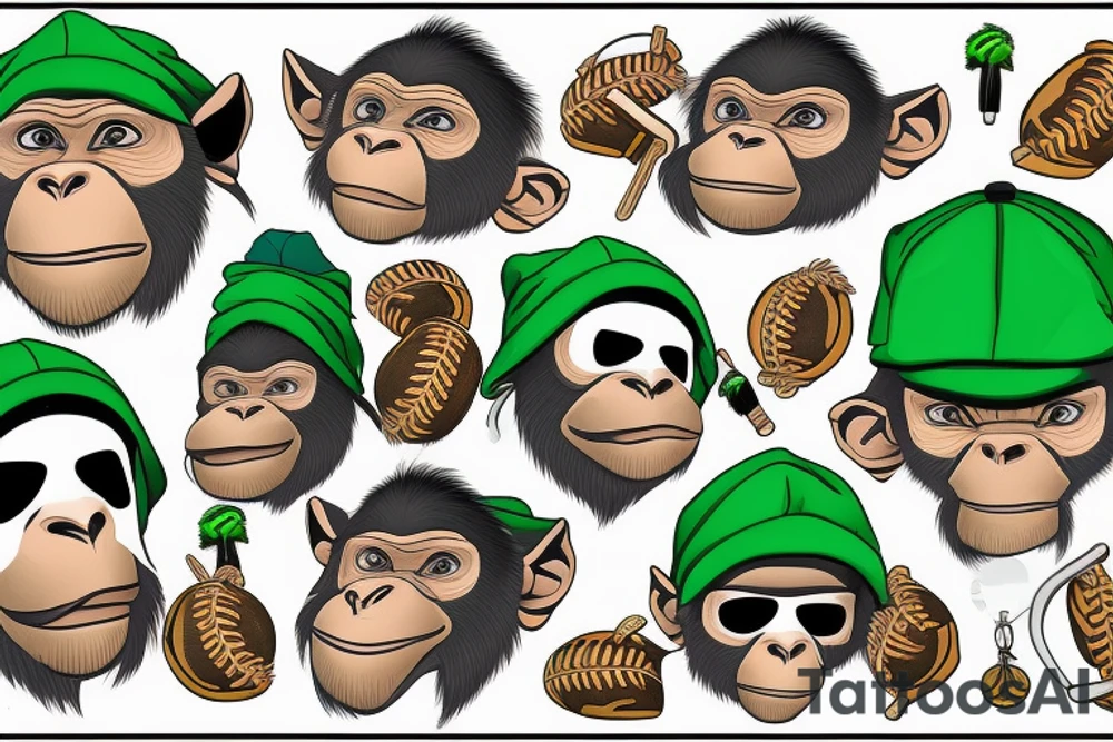 Gangster monkey with green bandana mask on the mouth and a baseball cap upside down tattoo idea