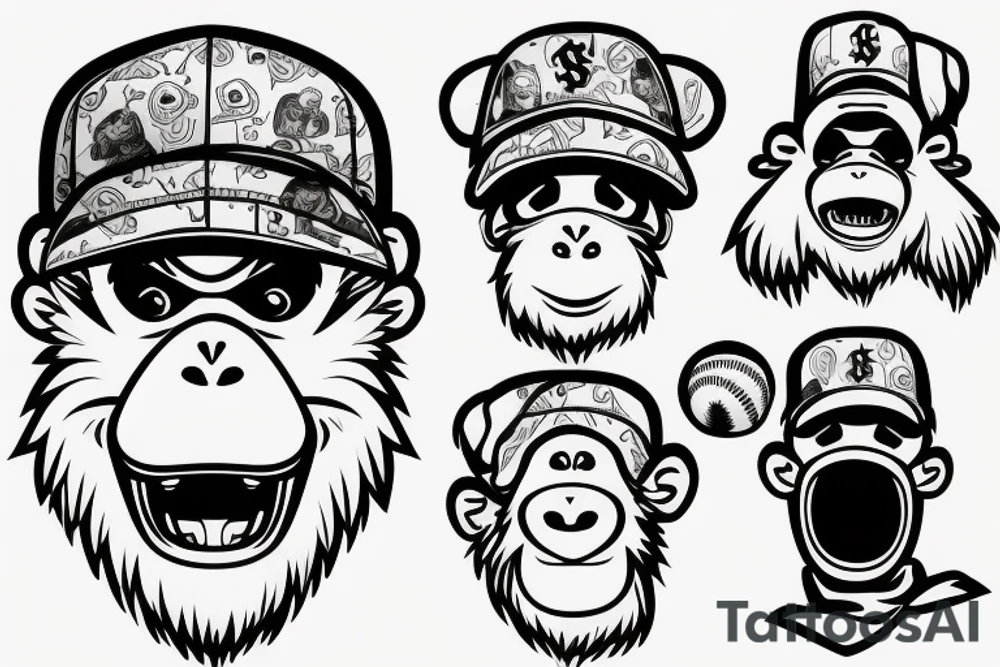 Gangster swag monkey with green bandana mask on the mouth and a baseball cap upside down tattoo idea