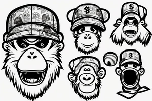 Gangster swag monkey with green bandana mask on the mouth and a baseball cap upside down tattoo idea