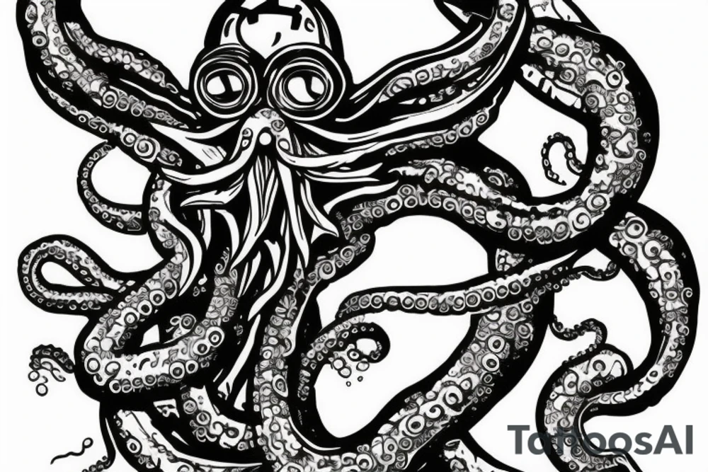 an octopus in a diving suit and with wings on a stone island that soars in the sky tattoo idea
