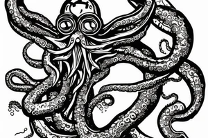 an octopus in a diving suit and with wings on a stone island that soars in the sky tattoo idea